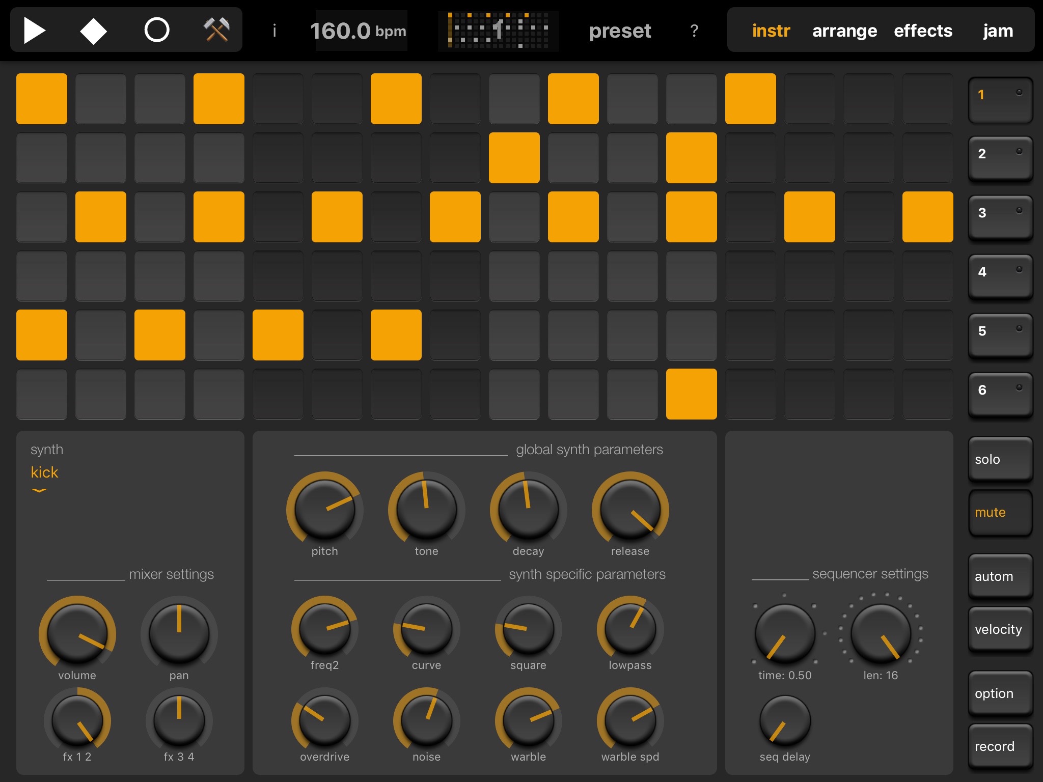 Elastic Drums step sequencer with kick drum synth settings