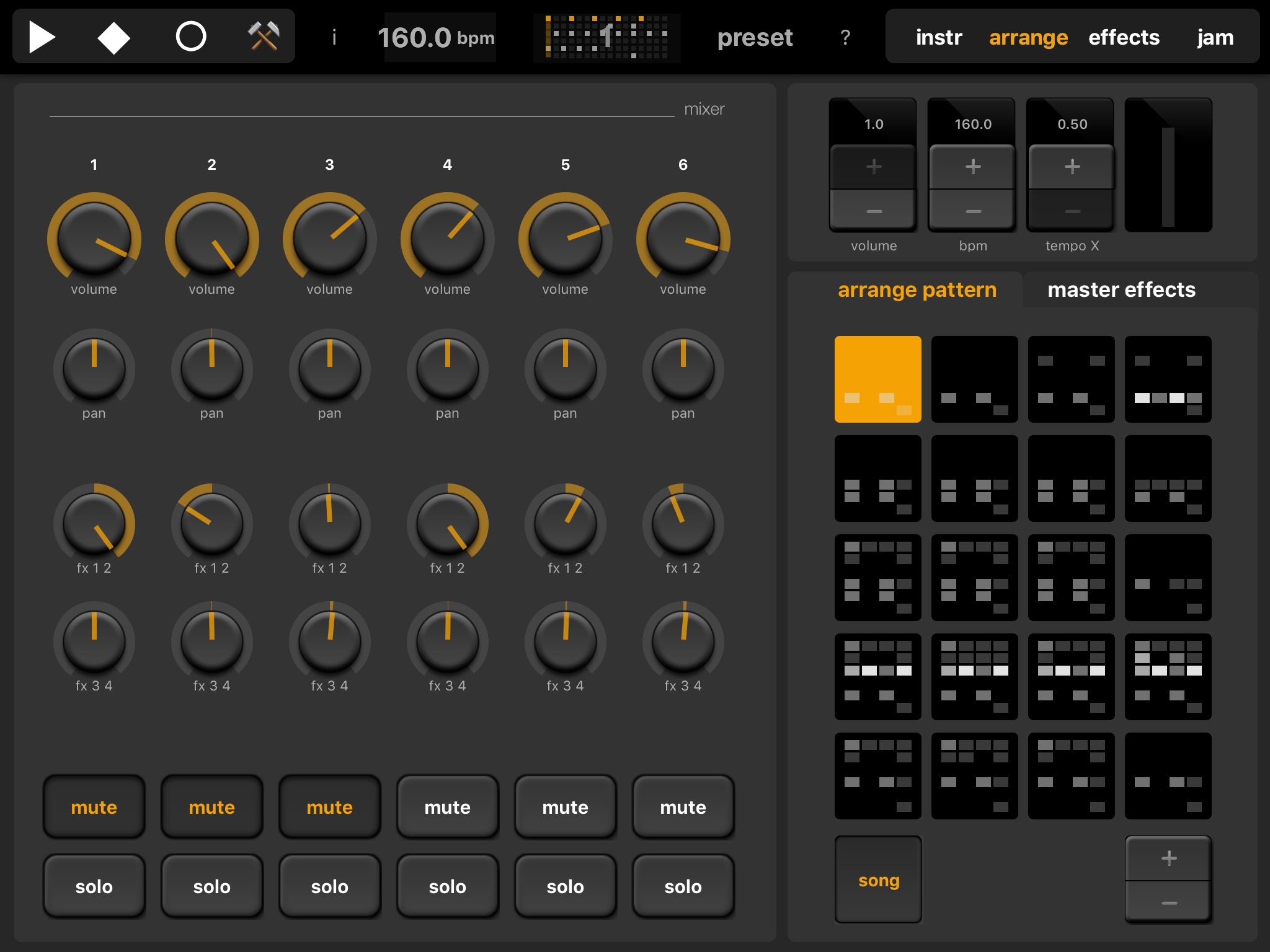 Elastic Drums mixer with six channels and pattern arranger
