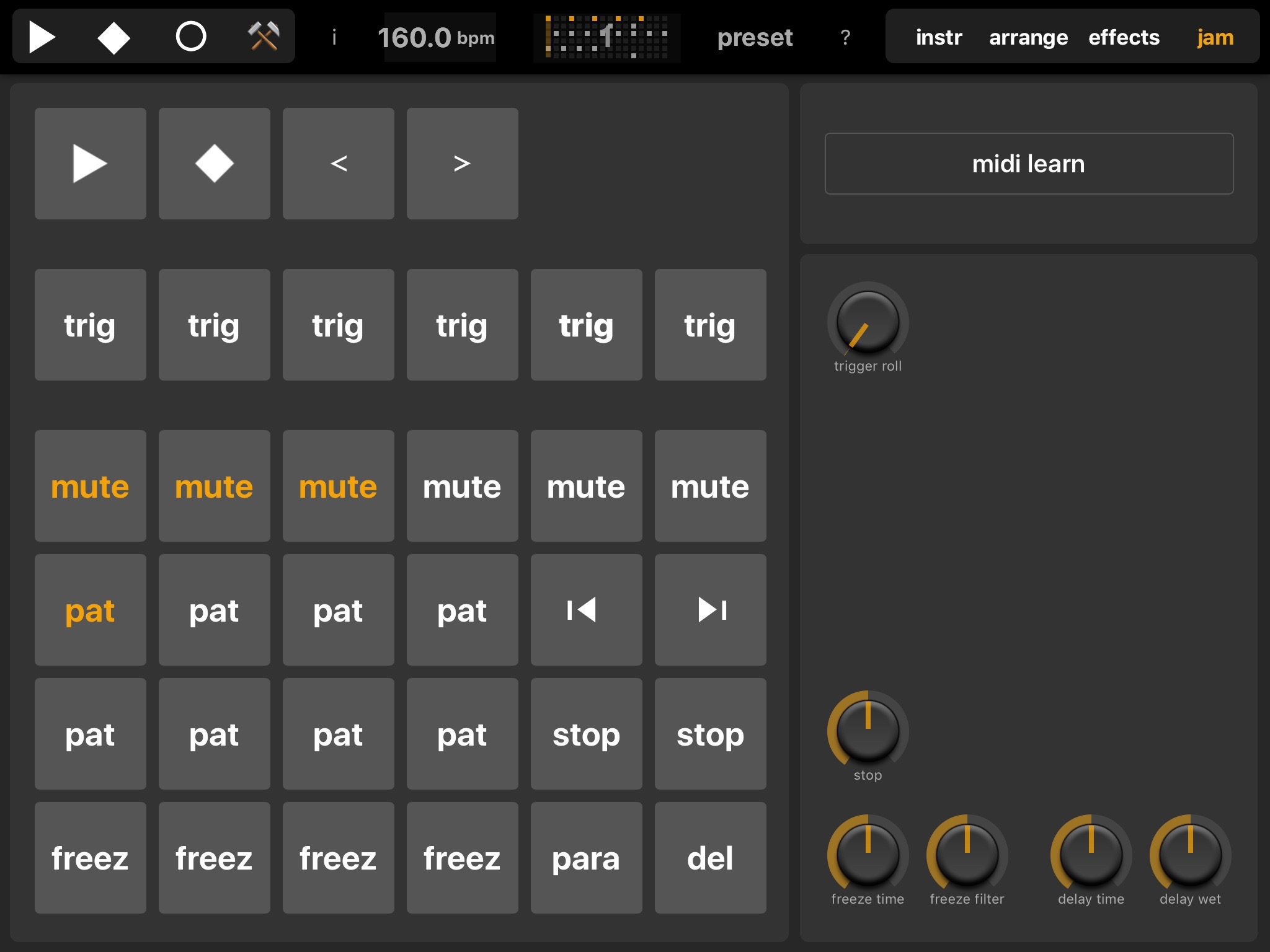 Elastic Drums performance pads for patterns, mutes and effects