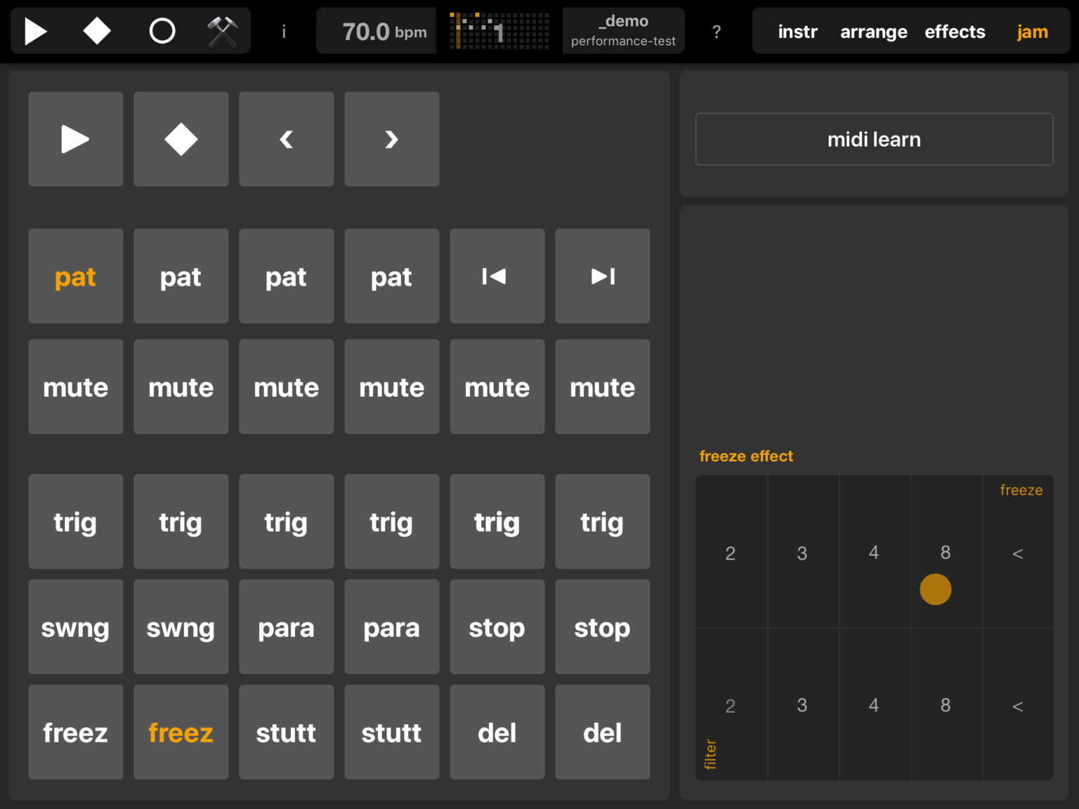 Elastic Drums performance page with trigger, mute and freeze pads