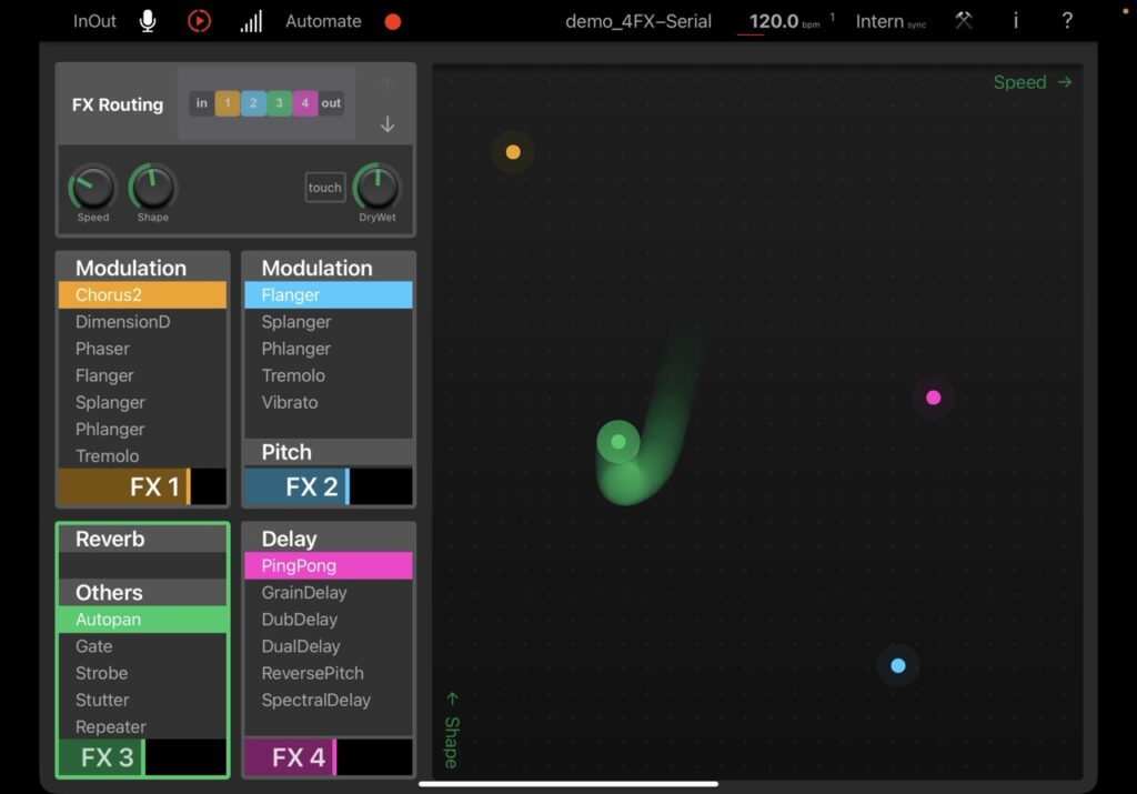 Elastic FX on iPad with four effect slots and XY pad