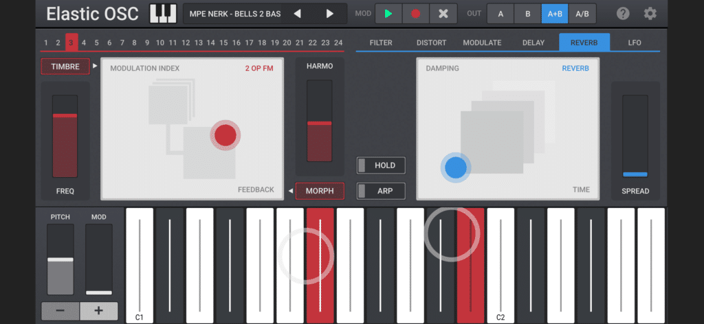 Elastic OSC on iPhone playing an MPE bell preset