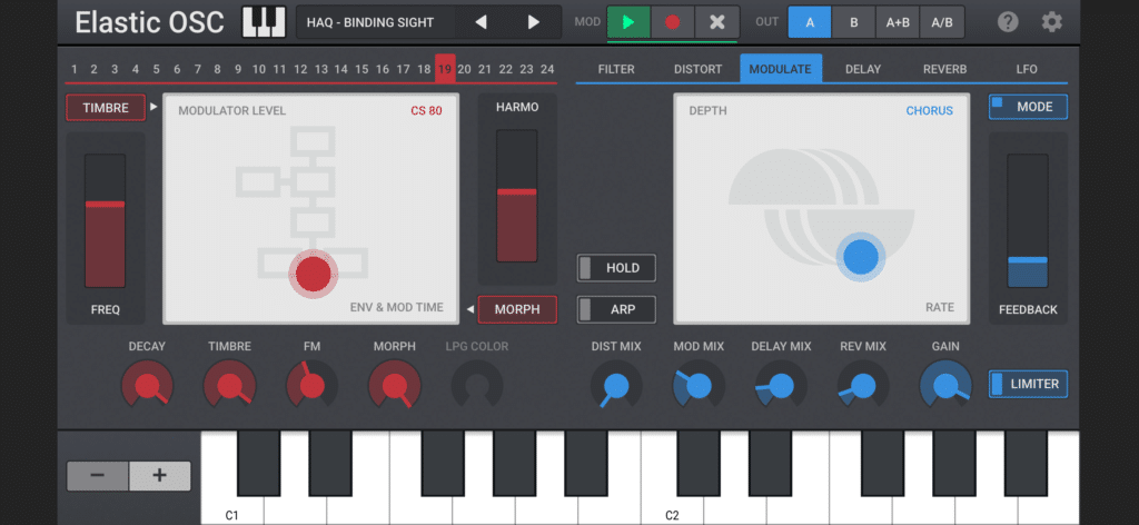 Elastic OSC on iPhone with effects XY pad and keyboard
