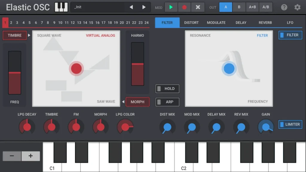 Elastic OSC on iPhone with small keys and extra knobs
